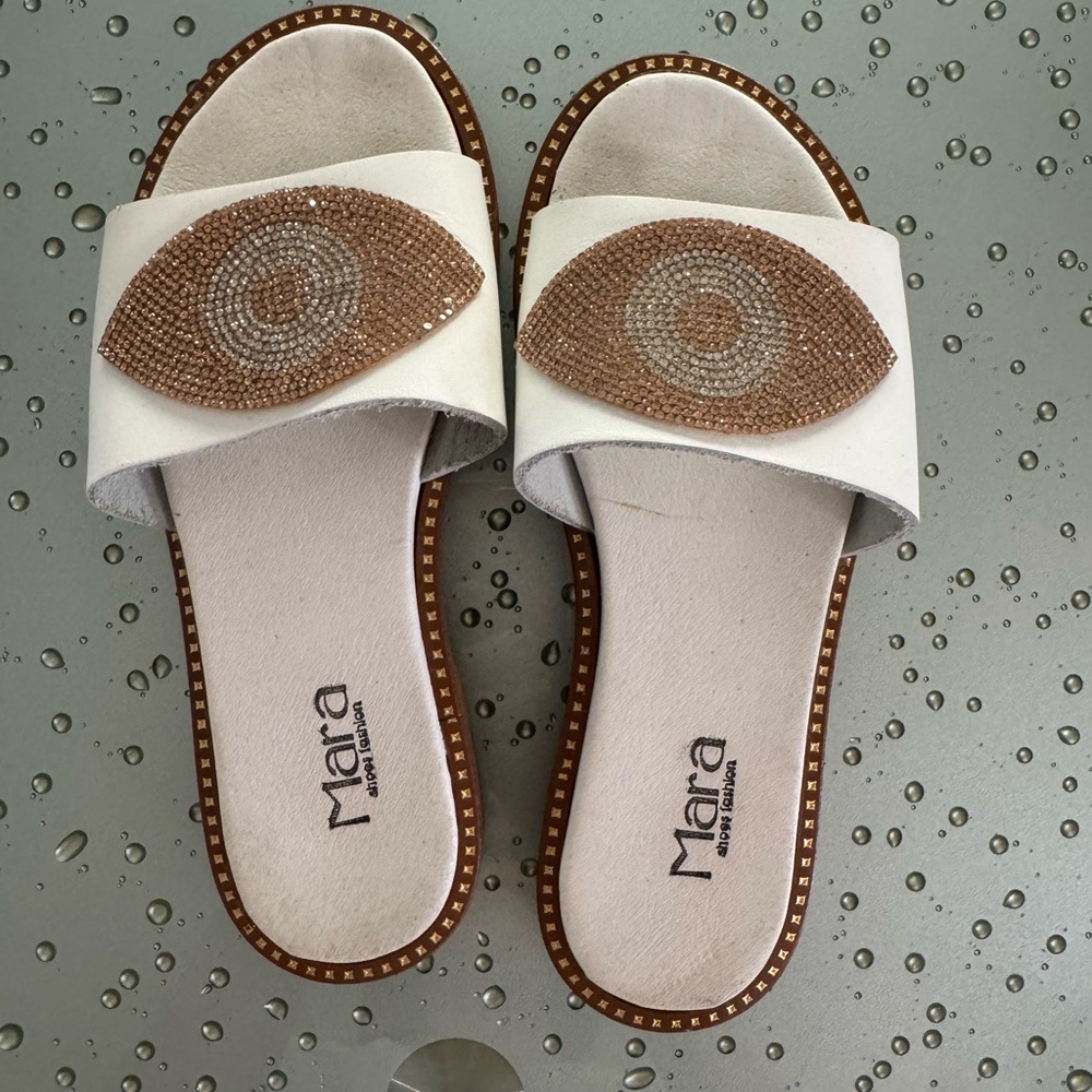 Evil Eye White Silver & Gold  Beaded  Sandals Size 36. USA 6